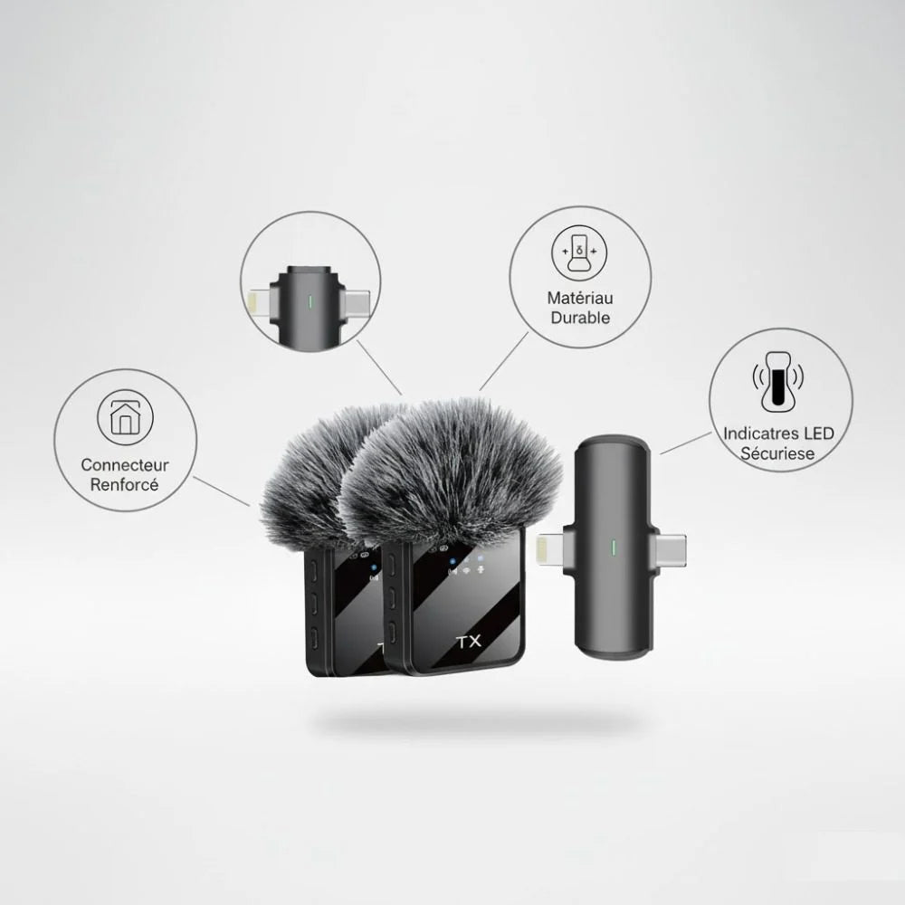 2 Microphone Sans Fil - Haute Qualité Audio & Réduction de Bruit