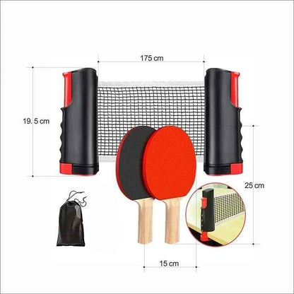 Set filet de ping pong rollnet petites surfaces + 2 raquettes + 2 balles